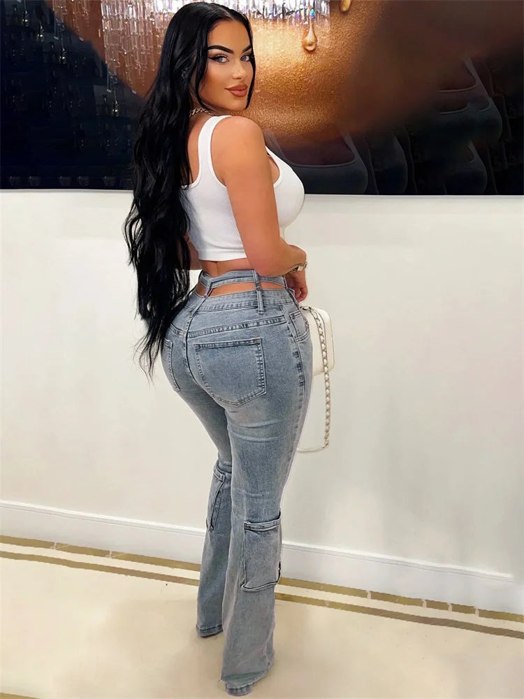 Weird Puss Distressed Irregular Jeans Women Button Zipper Waist Multiple Pockets Autumn Trend Skinny Stretch Streetwear Bottoms