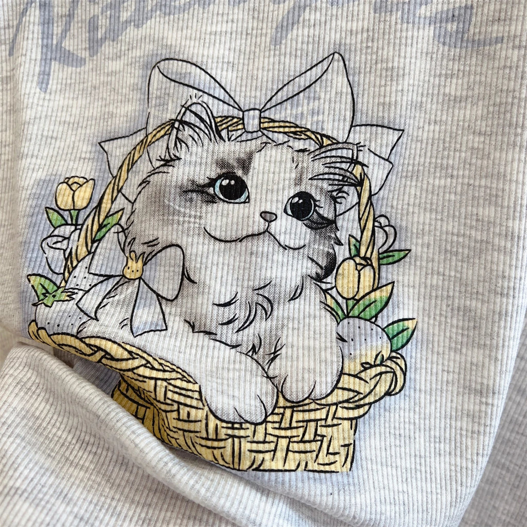Modal Pajama Sets Sweet Cat Loose Long Sleeve Round Collar Bow Short T Shirt Women's Spring and Autumn Soft Sleepwear