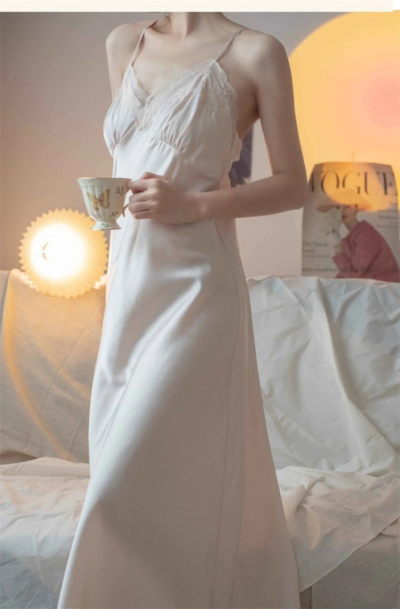 New Female Long Robe Nightgown Set Sexy Lace Trim Sleepwear Suspender Nightdress Spring Summer Casual Satin Home Dress Bathrobe