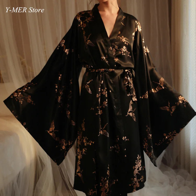 Bronzing Floral Kimono Robe Chinese Style Dress Big Sleeve Nightgown Lady Satin Homewear Bride Wedding Bathrobe Gown Loungewear