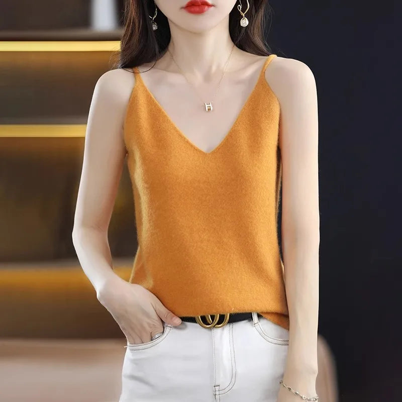Spring Summer Women Camis Tops Solid Casual Knitted Tops Sexy V-neck Bottoming Tank Tops 2024 Knit Fashion Korean Tank Top