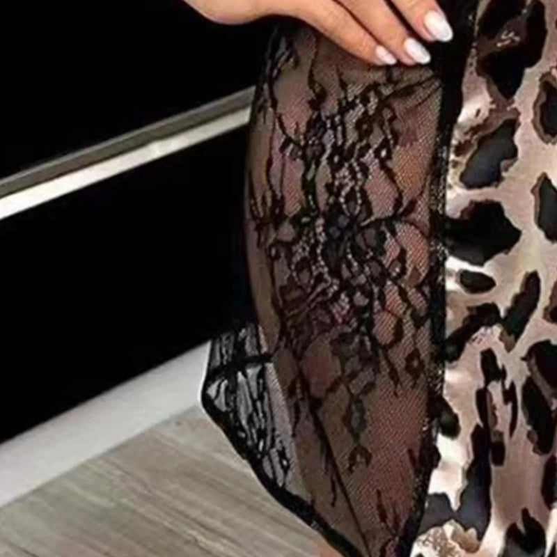 Women Fashion Sexy Lingerie Leopard Prints Patchwork Lace Underwear Dress Lingerie Silk Bodysuit Lingerie For Women