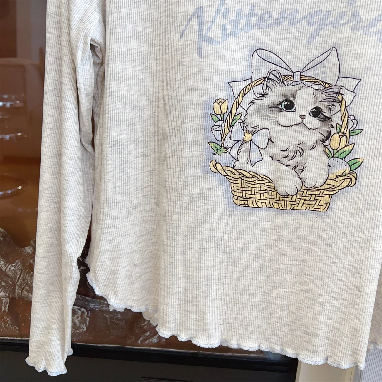 Modal Pajama Sets Sweet Cat Loose Long Sleeve Round Collar Bow Short T Shirt Women's Spring and Autumn Soft Sleepwear