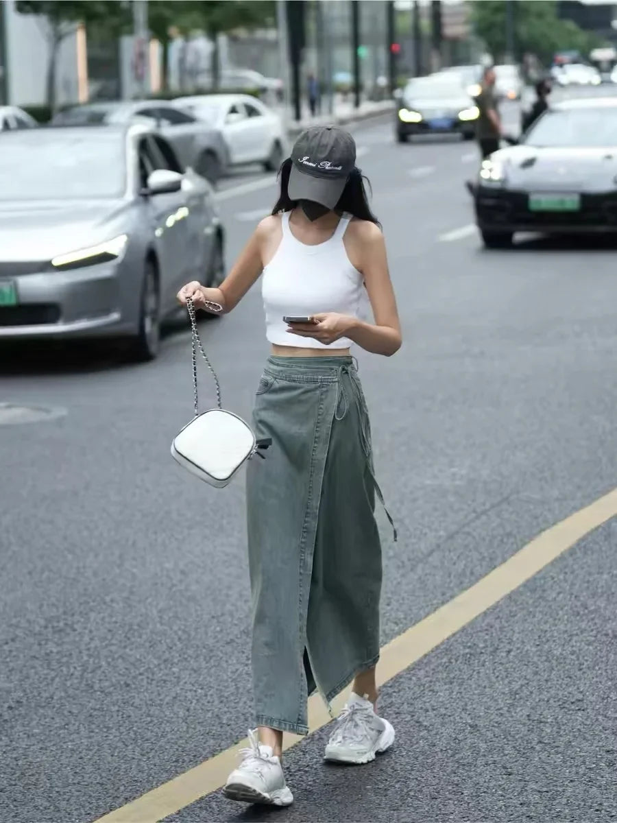 Women Long Denim Skirt Y2k 2000s Clothes Skirt Harajuku Korean 90s Fashion Vintage Gradient A-line Jean Skirt Grunge Clothes