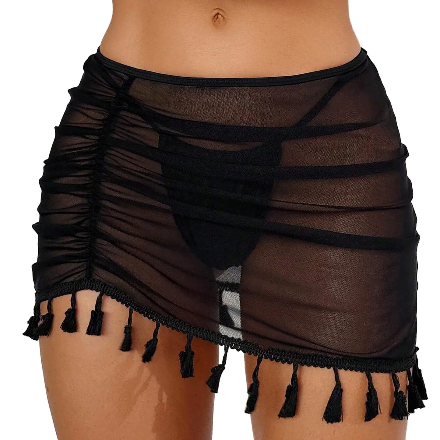 Black Ruffle Trim Sheer Beach Skirt Mesh Cover Up Skirt Beach Wrap Bikini Shiny Wraps Tassel Cover Ups for Swimwear Swimsuit