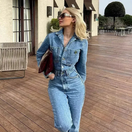 Autumn Denim Jumpsuit for Women Overalls Woman Jean Overalls Long Sleeve Elegant Jumpsuits Y2k Streetwear 2024 Turn Down Collar