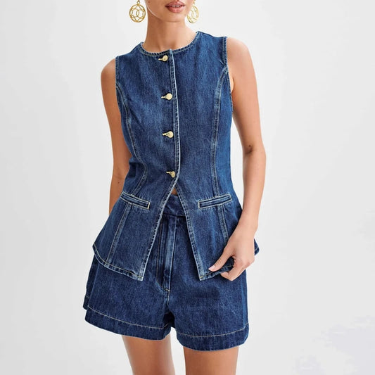 Women's Denim Tank Tops Casual Business Sleeveless Jean Blazer Vest Tops Button Front  Back Slit Pocket Waistcoat Y2K Clothes
