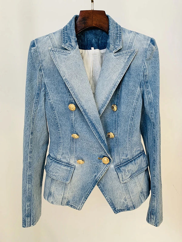 HIGH STREET Newest 2024 Designer Jacket Women's Slim Fitting Double Breasted Lion Buttons Denim Blazer