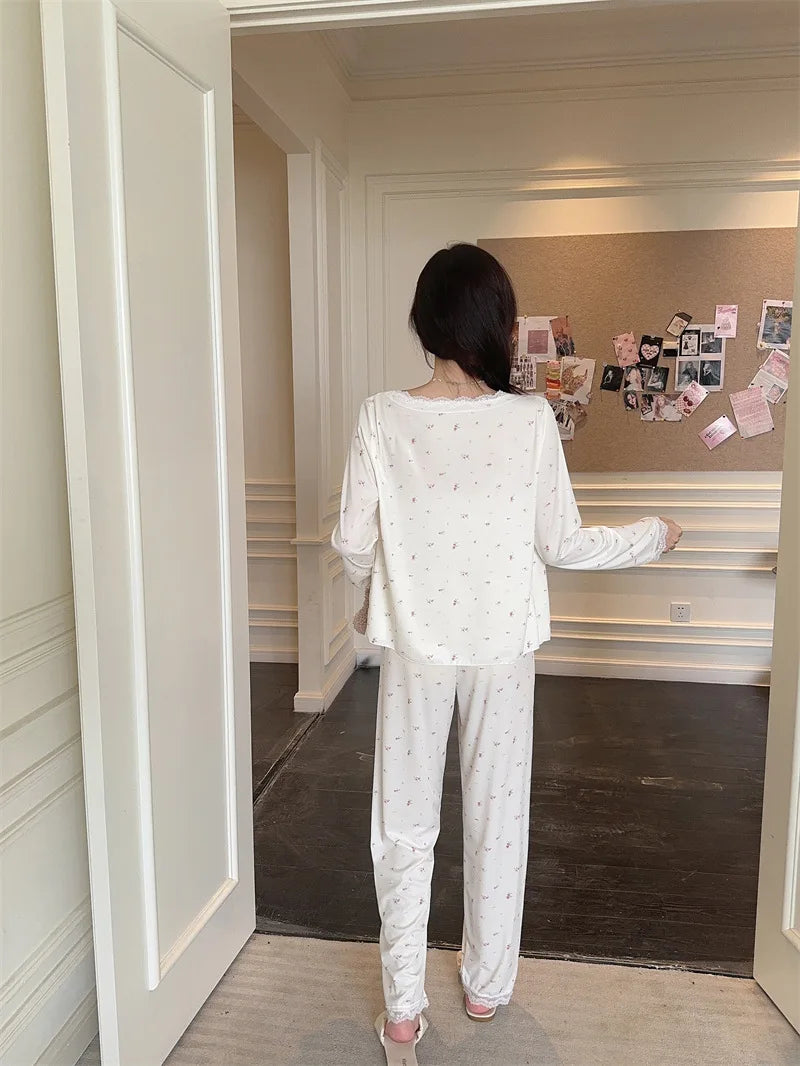 Women Pajama Sets Soft Modal Pijamas Mujer Sleepwear Lady Spring Summer New Nightwear Femme 3 Pieces Sets Lace Trim Homewear