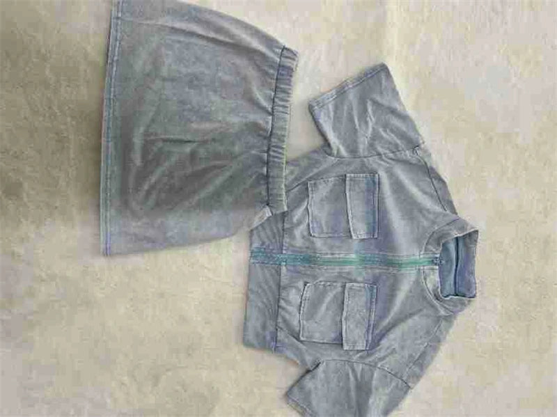 Women Solid Ribbed Patchwork 2 Piece Set Zip-up Short Sleeve Pockets Slim Crop Tops + Bodycon Mini Skirts Casual Streetwear Suit