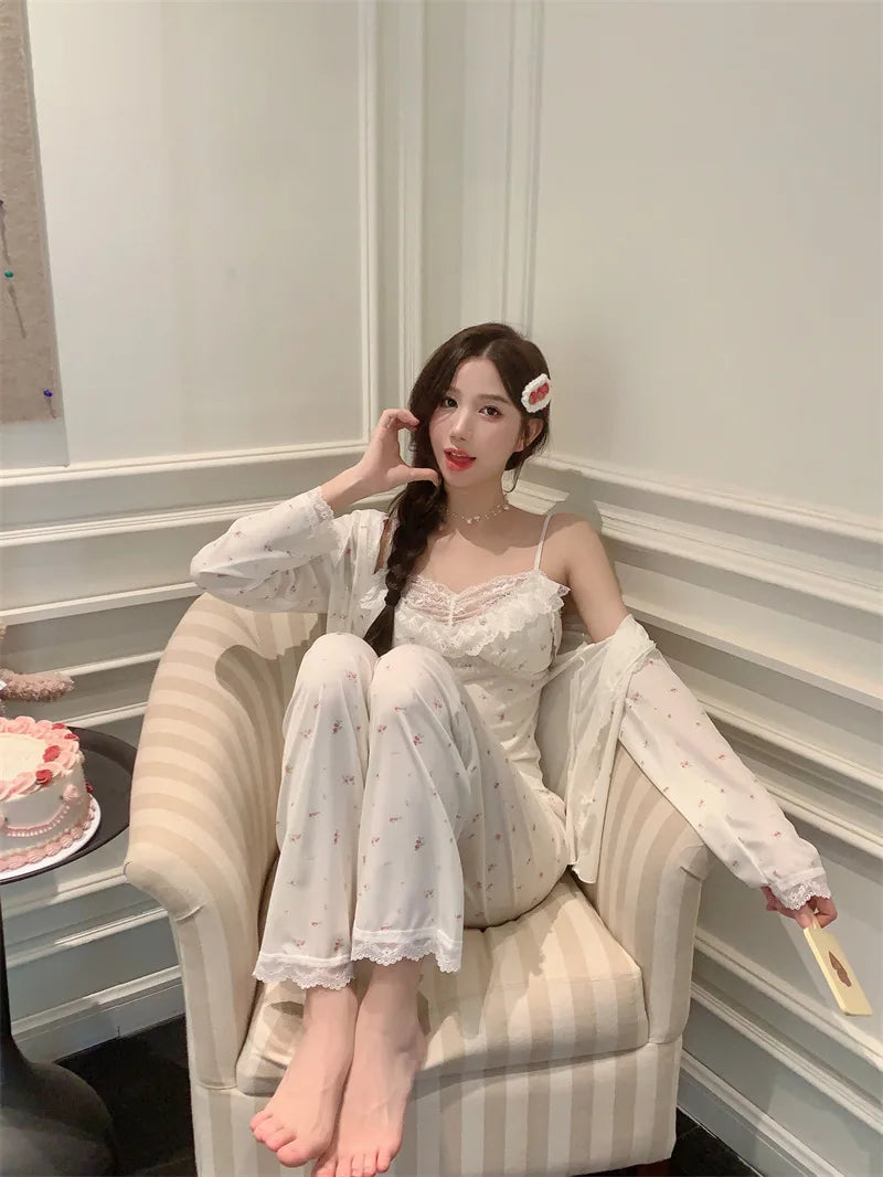 Women Pajama Sets Soft Modal Pijamas Mujer Sleepwear Lady Spring Summer New Nightwear Femme 3 Pieces Sets Lace Trim Homewear