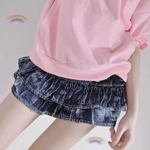 2024 New Women's Sexy Denim Skirt DS Bar DJ Nightclub Female Ruffles Super Short Mini Skirt Pleated Skirt