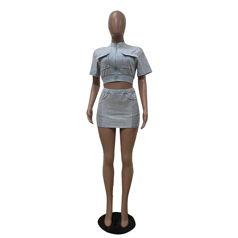 Women Solid Ribbed Patchwork 2 Piece Set Zip-up Short Sleeve Pockets Slim Crop Tops + Bodycon Mini Skirts Casual Streetwear Suit