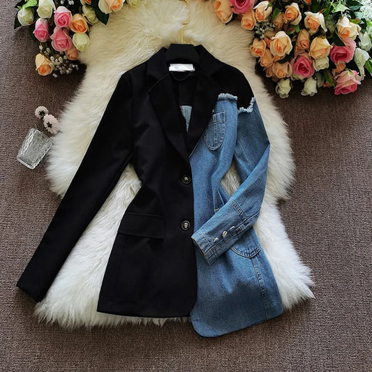 Vintage Patchwork Denim Blazer Women Spring Autumn Notched Long Sleeve Asymmetrical Jacket Office Lady Coat Blazer Mujer