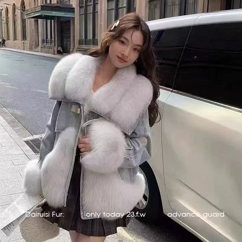 Womens Coats Spring 2025New 100%Natural Real Fox Fur Collar Fashion Short Denim Jacket Luxury Goose Down Puffer Jackets Clothing