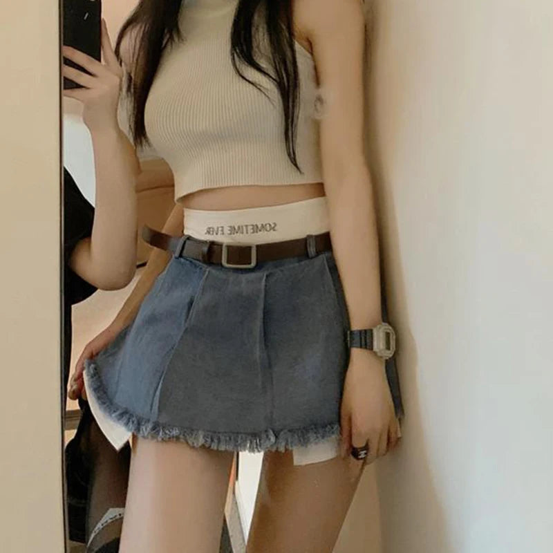Gidyq Women High Waist Denim Skirts Summer Korean Fashion Patchwork Mini Skirts Streetwear Female Casual Tassels Jeans Skirts