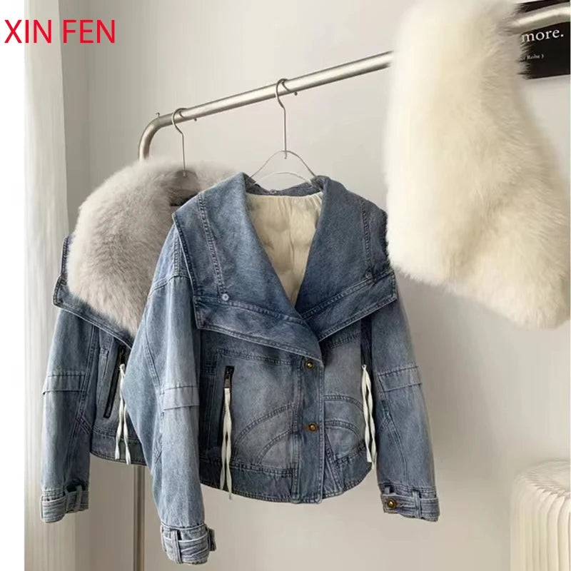 Womens Coats Spring 2025New 100%Natural Real Fox Fur Collar Fashion Short Denim Jacket Luxury Goose Down Puffer Jackets Clothing