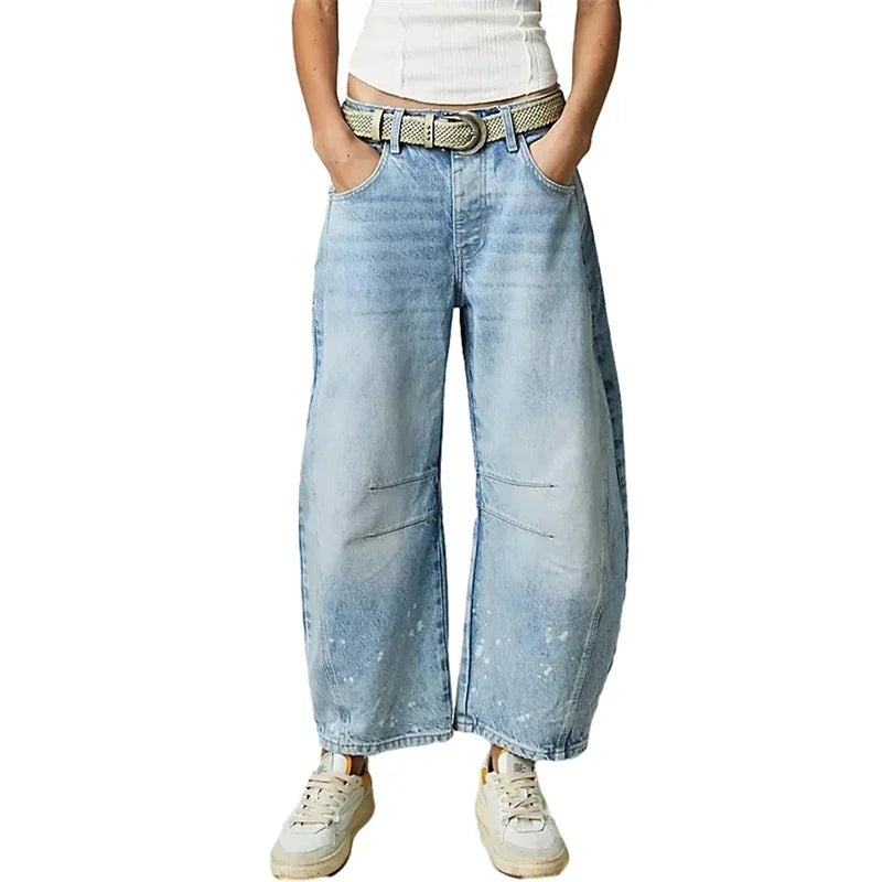 High Stretch Mid-Rise  Jeans Fashion Wide Leg Shape Women Casual Baggy Mid Waist Denim Jeans