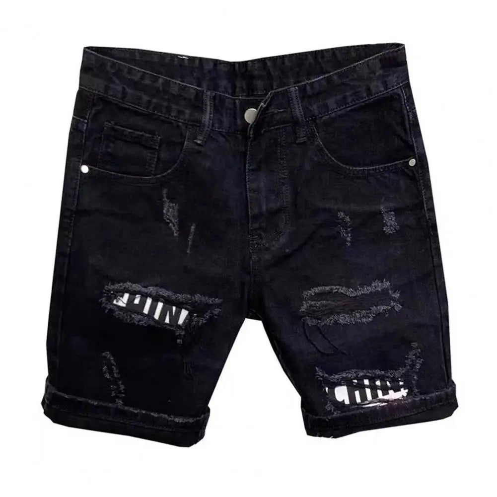 Summer Men Ripped Patchwork Denim Shorts Straight Button Zipper Pockets Shorts Knee-Length Denim Short Pants