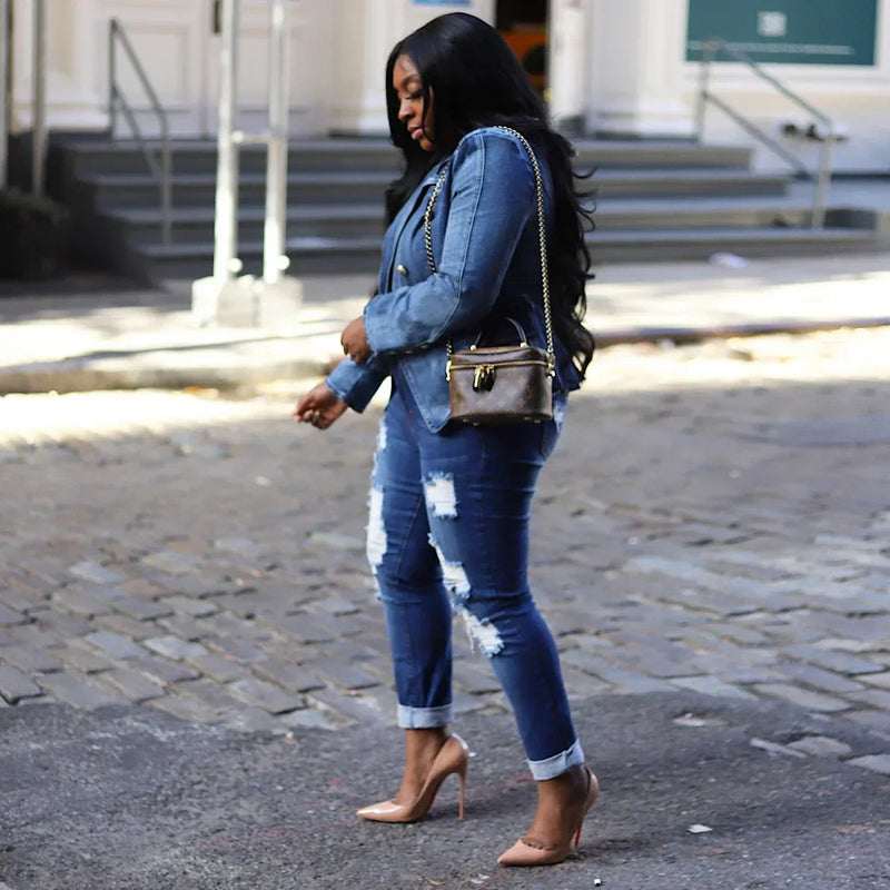 Women New Slim Double-Breasted Button Denim Jacket Coat Slim Long Sleeve Autumn Ripped Fashion Jacket Blazer