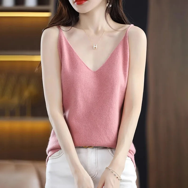 Spring Summer Women Camis Tops Solid Casual Knitted Tops Sexy V-neck Bottoming Tank Tops 2024 Knit Fashion Korean Tank Top
