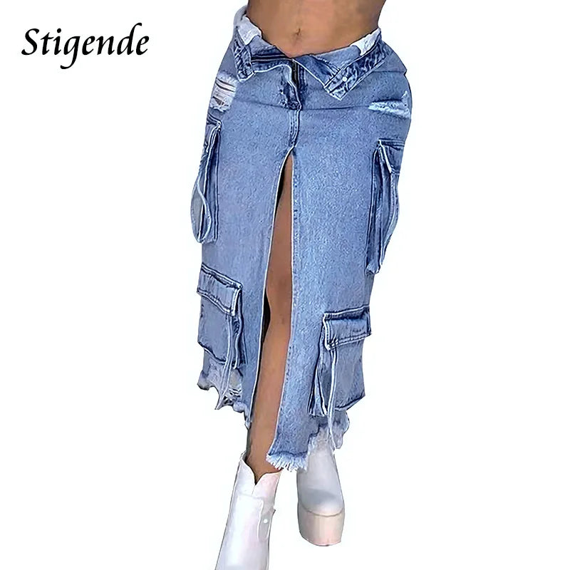 Stigende Women's High Split Ripped Denim Maxi Skirt with Multiple Pockets Distressed Lace Up Jeans Cargo Skirt Y2k