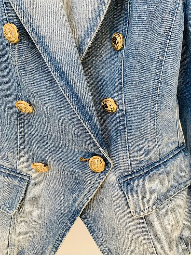 HIGH STREET Newest 2024 Designer Jacket Women's Slim Fitting Double Breasted Lion Buttons Denim Blazer