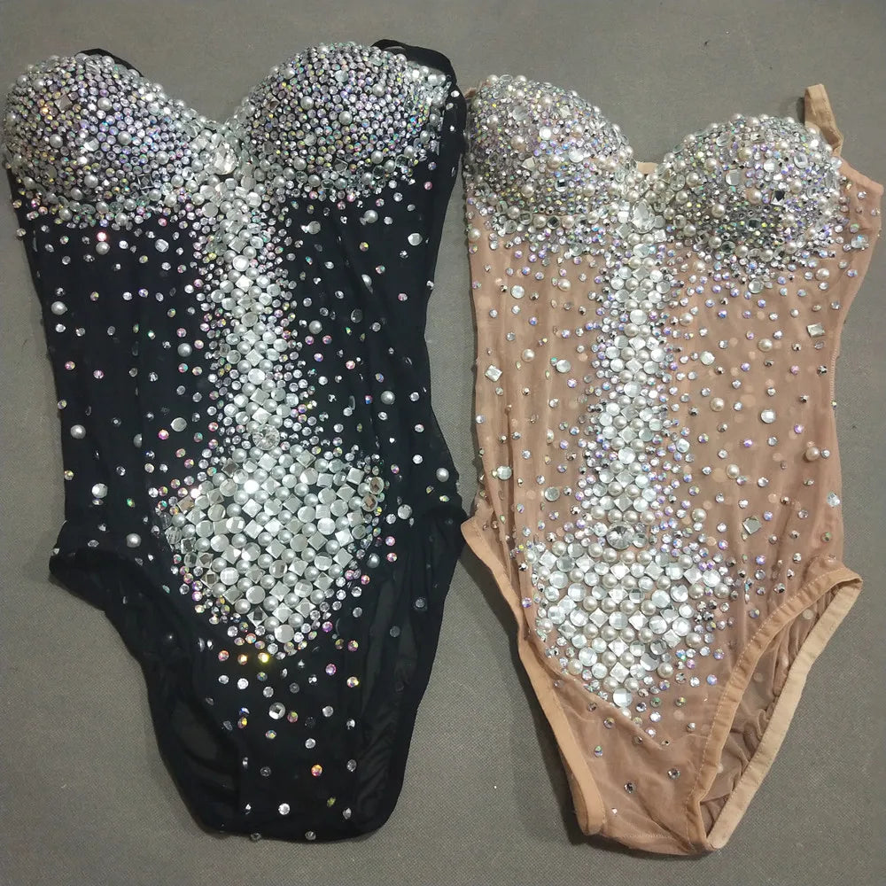 Sexy V Neck Perspective Mesh Elastic Crystals Bodysuit Women Dancer Stage Performance Costume Luxurious Gemstones Pearls Tights