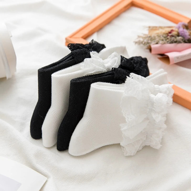 Women Lolita Fishnet Thigh High Socks Japanese Style Heart Striped Lace Patterned Over Knee Long Stockings Ruffled Frilly Kawaii