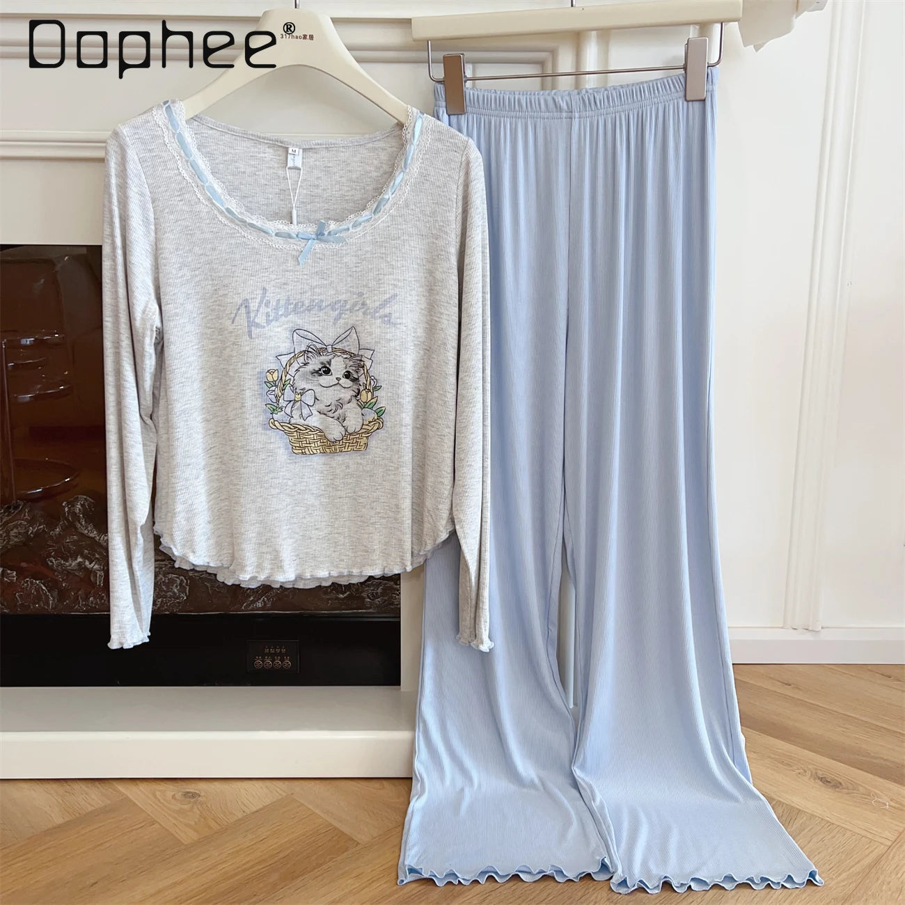 Modal Pajama Sets Sweet Cat Loose Long Sleeve Round Collar Bow Short T Shirt Women's Spring and Autumn Soft Sleepwear