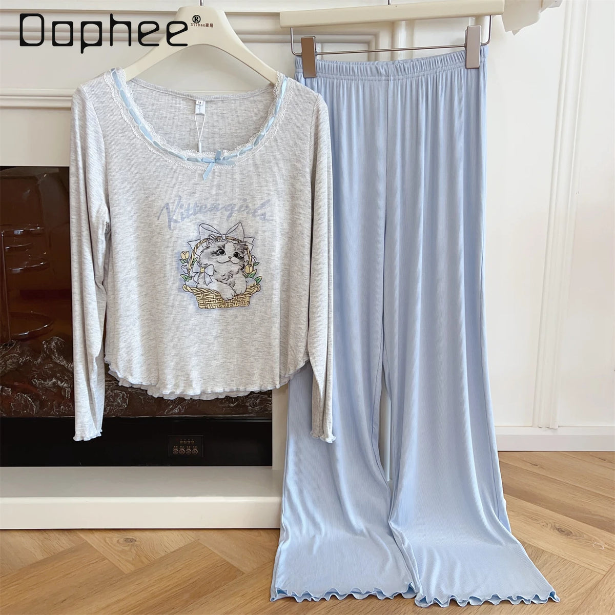 Modal Pajama Sets Sweet Cat Loose Long Sleeve Round Collar Bow Short T Shirt Women's Spring and Autumn Soft Sleepwear