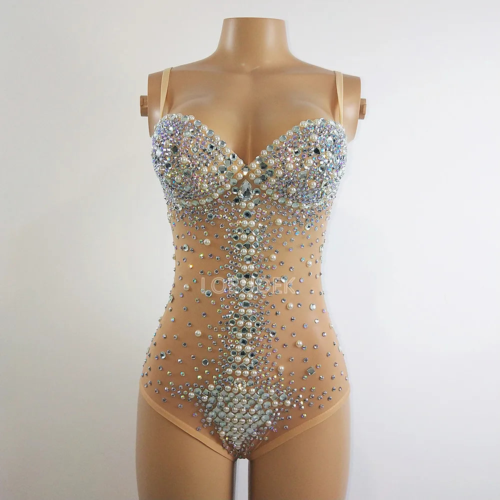 Sexy V Neck Perspective Mesh Elastic Crystals Bodysuit Women Dancer Stage Performance Costume Luxurious Gemstones Pearls Tights