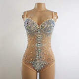 Sexy V Neck Perspective Mesh Elastic Crystals Bodysuit Women Dancer Stage Performance Costume Luxurious Gemstones Pearls Tights