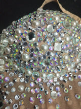 Sexy V Neck Perspective Mesh Elastic Crystals Bodysuit Women Dancer Stage Performance Costume Luxurious Gemstones Pearls Tights