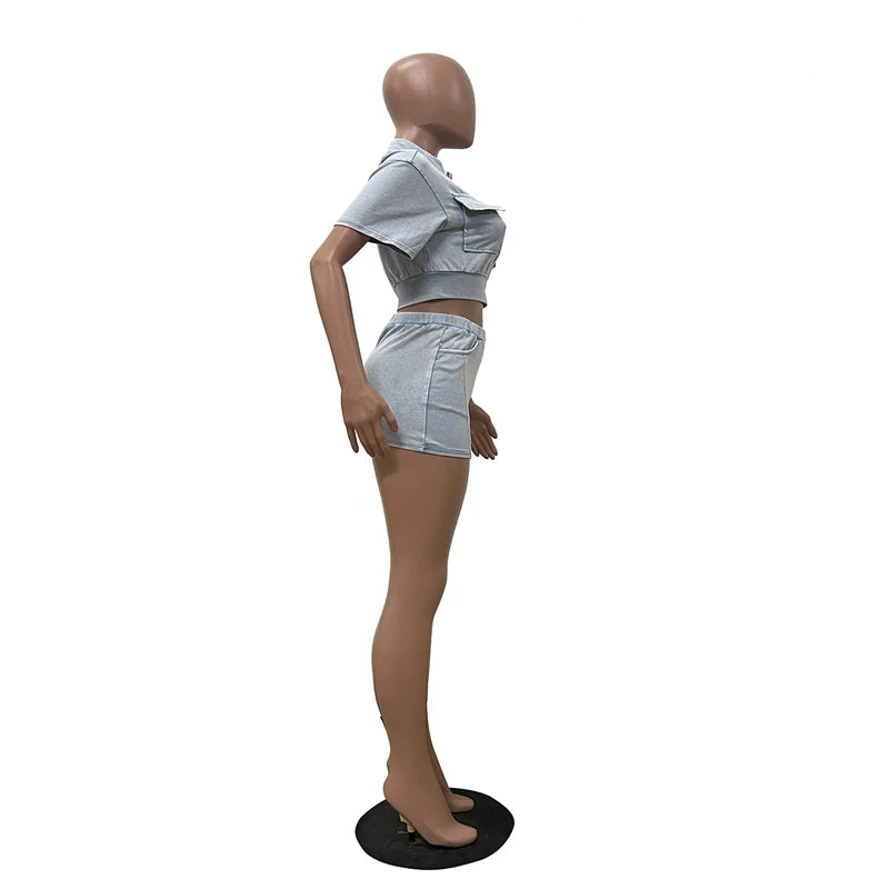 Women Solid Ribbed Patchwork 2 Piece Set Zip-up Short Sleeve Pockets Slim Crop Tops + Bodycon Mini Skirts Casual Streetwear Suit