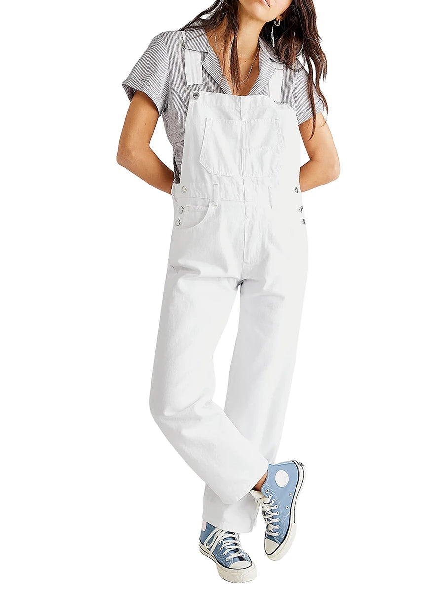 Women Spring Casual Wide Leg Denim Jumpsuits Loose Wide Strap Suspender Pocket Overalls Baggy Long Jeans Bib Pants Rompers