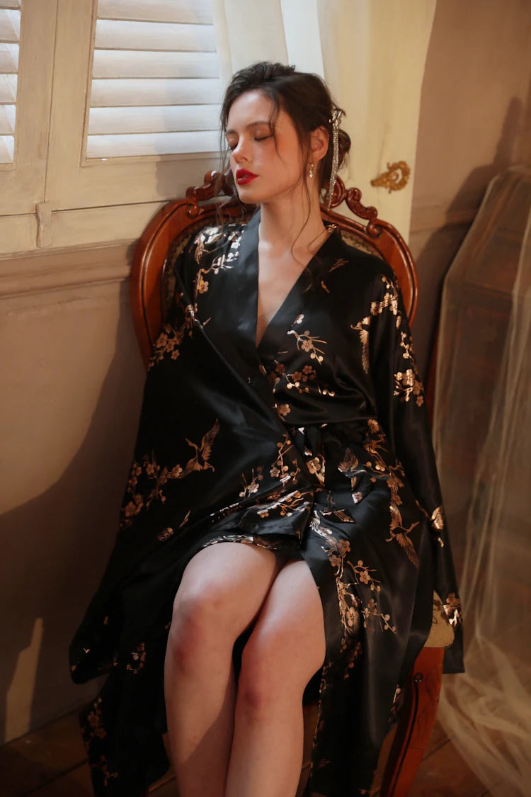 Bronzing Floral Kimono Robe Chinese Style Dress Big Sleeve Nightgown Lady Satin Homewear Bride Wedding Bathrobe Gown Loungewear