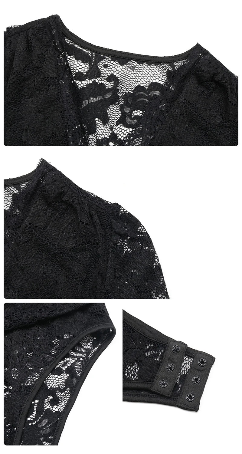 Womens Lace Essential Bodysuit Jumpsuit Deep V Neck Long Sleeve Slim Fit Stretch T-shirt Sheer Skinny Romper Nightwear Clubwear
