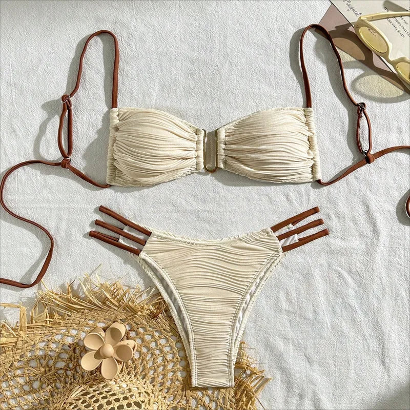 Beige Solid Color Bikini Set Women's Sexy U-neck Suspender Backless Bathing Suit High Waist Bandage Beach Vacation Swimwear 2024