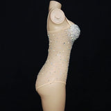 Sexy V Neck Perspective Mesh Elastic Crystals Bodysuit Women Dancer Stage Performance Costume Luxurious Gemstones Pearls Tights