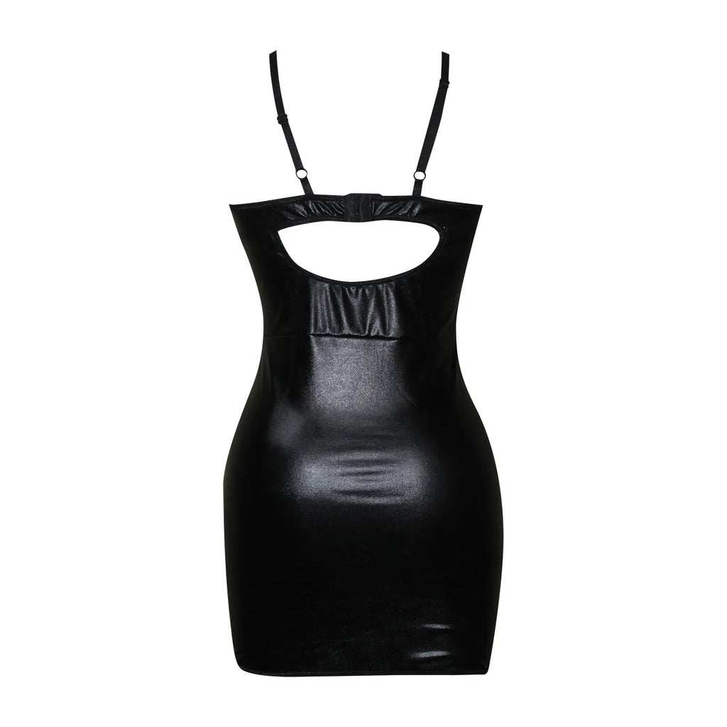 Women Leather Spaghetti Strap Dress Sleeveless Zipper Front Push Up Bra Mini Bodycon Dress Sexy Mesh Party Clubwear Micro Dress