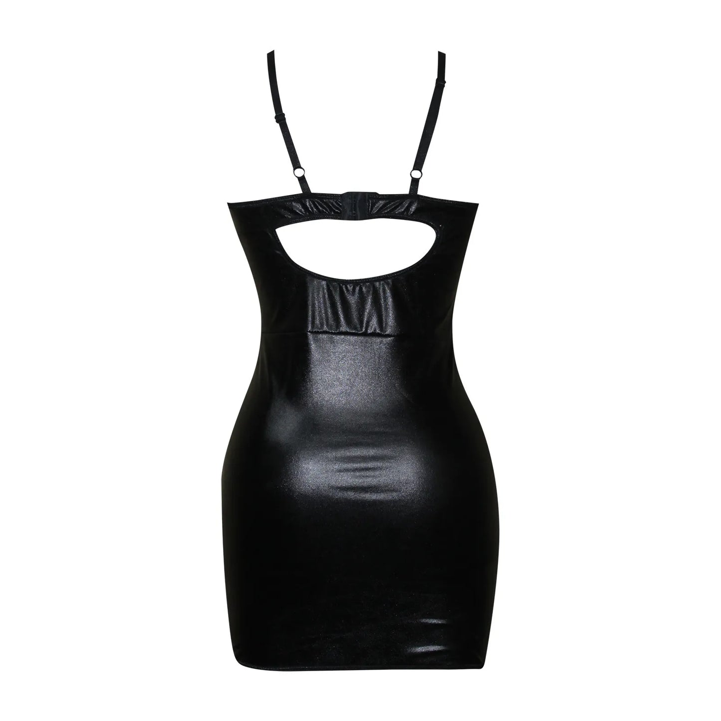 Women Leather Spaghetti Strap Dress Sleeveless Zipper Front Push Up Bra Mini Bodycon Dress Sexy Mesh Party Clubwear Micro Dress