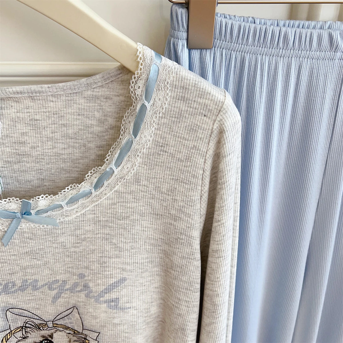 Modal Pajama Sets Sweet Cat Loose Long Sleeve Round Collar Bow Short T Shirt Women's Spring and Autumn Soft Sleepwear