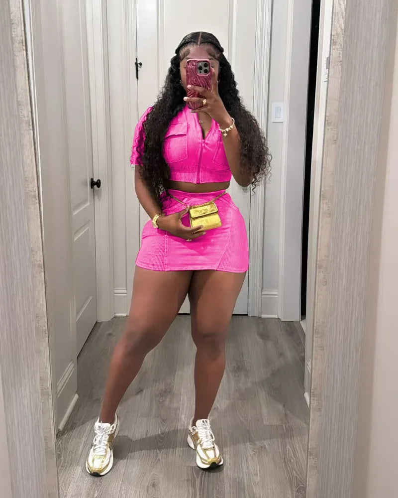 Women Solid Ribbed Patchwork 2 Piece Set Zip-up Short Sleeve Pockets Slim Crop Tops + Bodycon Mini Skirts Casual Streetwear Suit