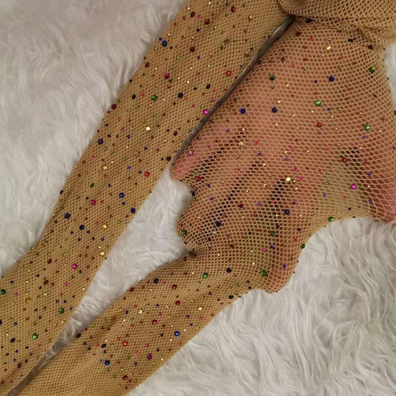 Fishnet Diamond Pantyhose Women  Fashion Shiny Net Tights Female Slim Rhinestone Mesh Nylon Stockings Tights