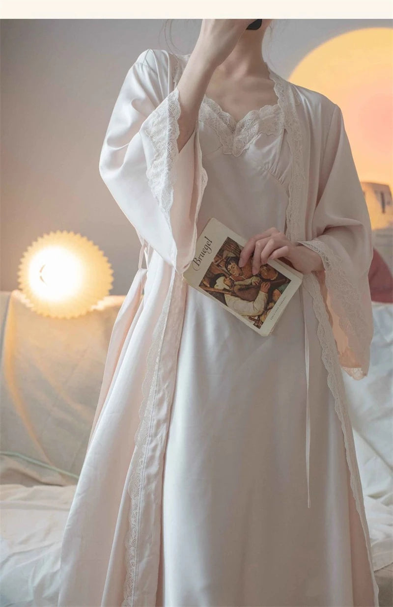 New Female Long Robe Nightgown Set Sexy Lace Trim Sleepwear Suspender Nightdress Spring Summer Casual Satin Home Dress Bathrobe