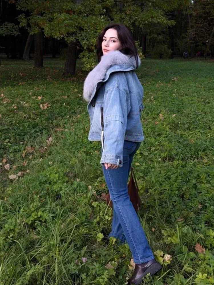 Womens Coats Spring 2025New 100%Natural Real Fox Fur Collar Fashion Short Denim Jacket Luxury Goose Down Puffer Jackets Clothing