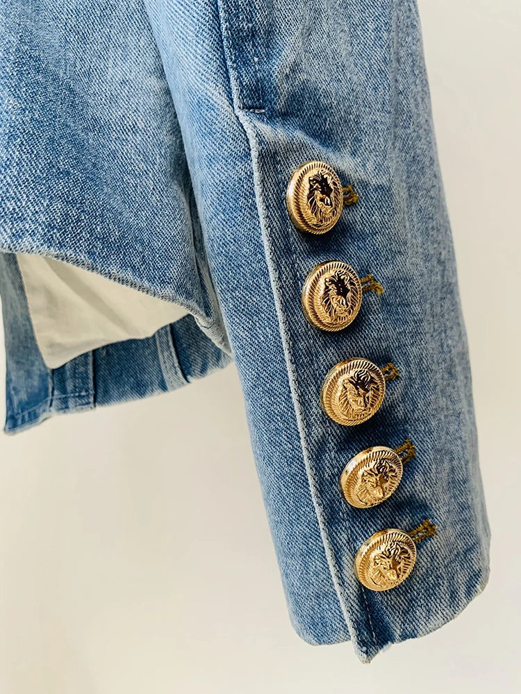 HIGH STREET Newest 2024 Designer Jacket Women's Slim Fitting Double Breasted Lion Buttons Denim Blazer