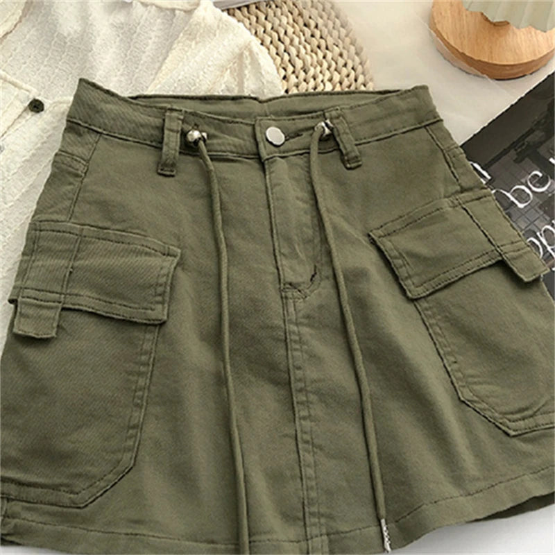 Plus Size Pockets Lace-Up Vintage Denim Skirt Summer Loose Casual Solid Mini Skirts Spring Korean Fashion Faldas Women Clothes