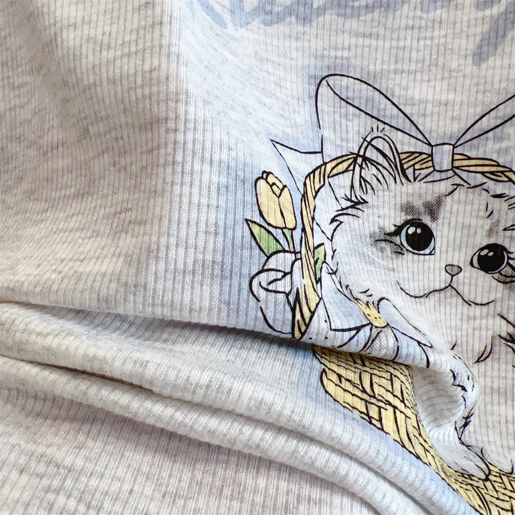Modal Pajama Sets Sweet Cat Loose Long Sleeve Round Collar Bow Short T Shirt Women's Spring and Autumn Soft Sleepwear